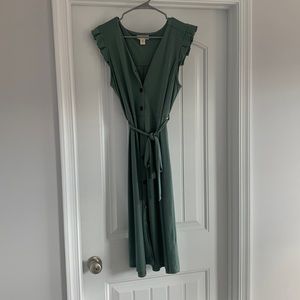 Sage green belted shirt dress. Midi length. Size L.